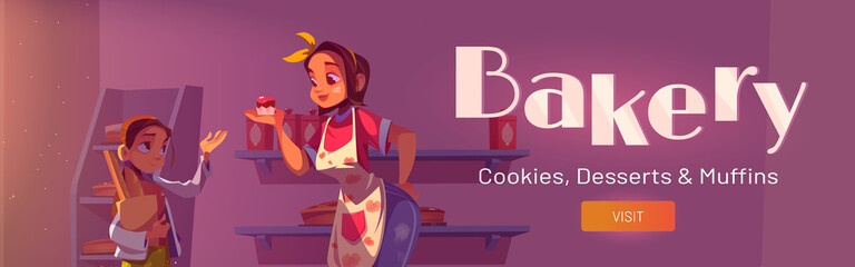 Bakery poster with woman, girl and cakes on shelves. Vector flyer of pastry store with cartoon illustration of bakery shop with chef in apron hold chocolate cupcake and girl with bread in bag in