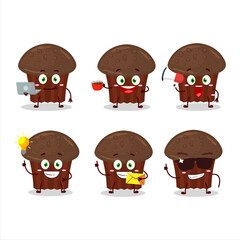 Chocolate muffin cartoon character with various types of business emoticons