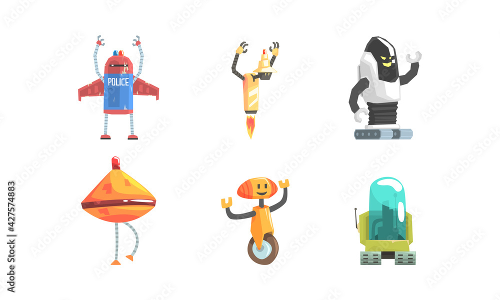 Poster set of robot characters, android assistant, artificial intelligence worker cartoon vector illustrati