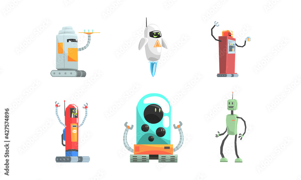 Poster set of robot cartoon characters, friendly android assistants, artificial intelligence worker vector 