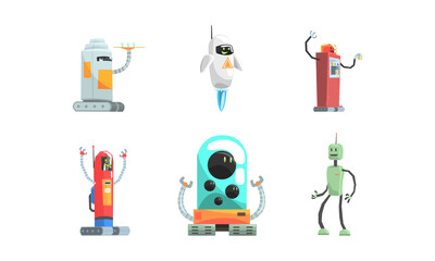 Obraz na płótnie Canvas Set of Robot Cartoon Characters, Friendly Android Assistants, Artificial Intelligence Worker Vector Illustration