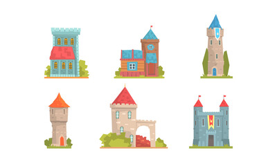 Fototapeta premium Medieval Buildings Set, Ancient Stone Mansions and Castle Towers Cartoon Vector Illustration