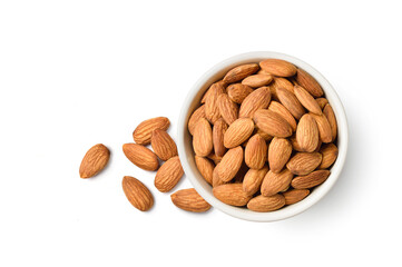 Flat lay (top view) of Almond nuts in white bowl  isolated on white background.