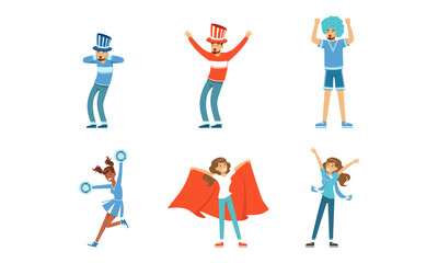 Fototapeta premium Happy Fans Cheering for Their Team Set, Cheerful Young Men and Women Supporting Athletes with Flags Cartoon Vector Illustration