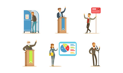 Election Campaign Set, People Voting at the Polls, Party Candidates Giving Speech Cartoon Vector Illustration