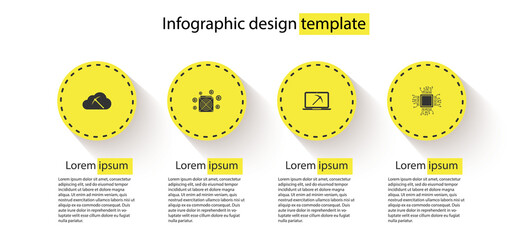 Set Cryptocurrency cloud mining, ASIC Miner, Mining with laptop and pickaxe and Processor. Business infographic template. Vector