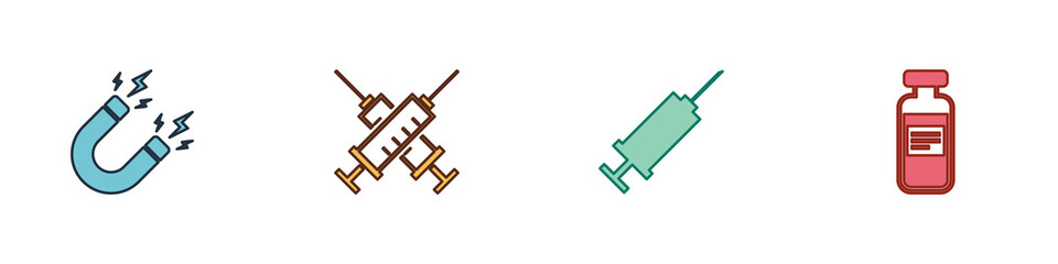 Set Magnet with lightning, Crossed syringe, Syringe and Medical vial, ampoule icon. Vector