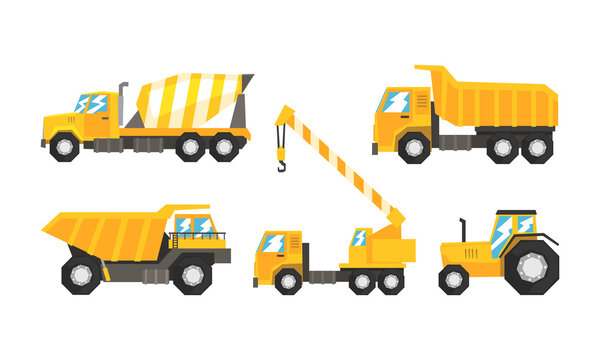 Construction and Industrial Vehicles Set, Cement Truck, Tractor, Dump Truck, Crane Cartoon Vector Illustration