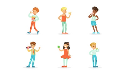 Cute Cheerful Kids Eating Healthy and Unhealthy Food Set, Boys and Girls Eating Fast Food Dishes and Fruits, Drinking Soda and Juice Cartoon Vector Illustration