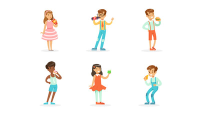 Kids Eating Healthy and Unhealthy Food Set, Boys and Girls Eating Fast Food Dishes and Fruits, Drinking Soda and Juice Cartoon Vector Illustration
