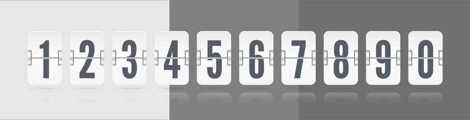 White vector numeric template for your design. Set of flip floating scoreboard with reflections including digits and symbols for countdown timer on light and dark background.