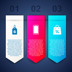 Set Price tag with dollar, Smartphone, mobile phone and Shopping bag percent. Business infographic template. Vector