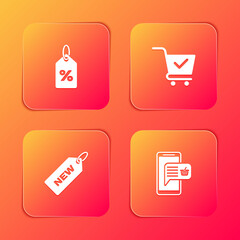 Set Discount percent tag, Shopping cart with check mark, Price New and Mobile and shopping basket icon. Vector
