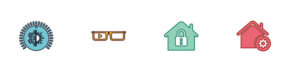 Set Thermostat, Smart glasses, House under protection and home settings icon. Vector