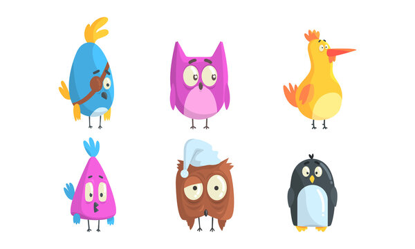 Set of Funny Birds, Cute Little Birdies with Funny Faces Cartoon Vector Illustration