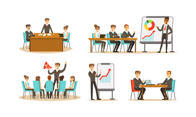 Business Workflow Scenes Set, Office People Taking Part in Business Meeting, Training, Negotiating and Brainstorming Vector Illustration