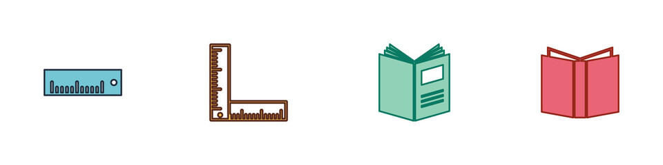 Set Ruler, Folding ruler, Open book and icon. Vector