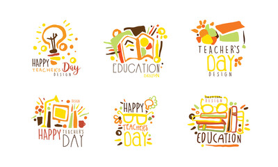 Happy Teachers Day Logo Design Collection, Education Colorful Hand Drawn Badges Vector Illustration