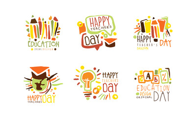 Education Logo Design Set, Happy Teachers Day Hand Drawn Labels Vector Illustration