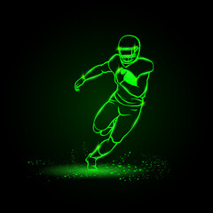 Fototapeta na wymiar American football player runs away with the ball. Green Neon American football Sports Vector Illustration.