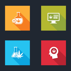 Set Test tube with marijuana, Online buying, and Head profile icon. Vector