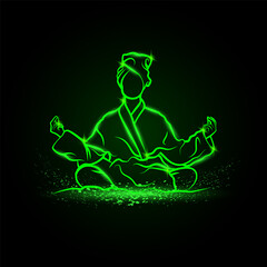 Girls in lotus position meditate in bathrobe and take a spa treatments. Vector green neon yoga illustration