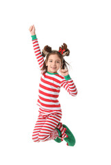 Jumping little girl in Christmas elf costume on white background