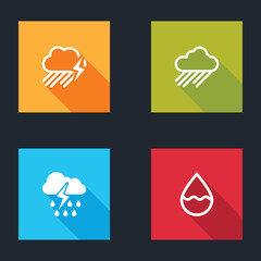 Set Cloud with rain and lightning, , and Water drop icon. Vector