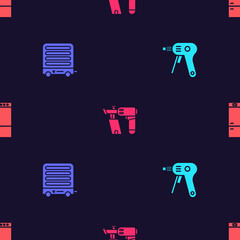Set Electric hot glue gun, heater, Nail and Refrigerator on seamless pattern. Vector