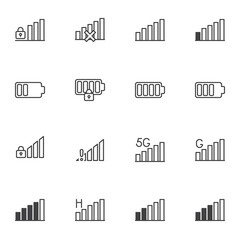 Phone signal and battery line icons set