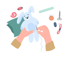 Art craft workshop of hobby or leisure sewing soft toy a vector illustration.