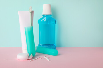 Set for oral hygiene on color background