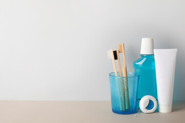 Set for oral hygiene on light background