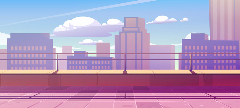 Terrace On Rooftop With City View. Empty Patio On Roof Or Balcony With Railing On Background Of Cityscape With Modern Buildings And Skyscrapers. Vector Cartoon Illustration Of House Terrace In Town