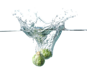 Falling of fresh Brussels sprouts into water against white background