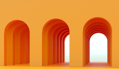 Fototapeta premium Yellow arcade, arc with copy space. Bright color background. 80s 70s 60s vibe - 3d rendering. Architectural construction for bright summer advertisement. Empty space for goods. 