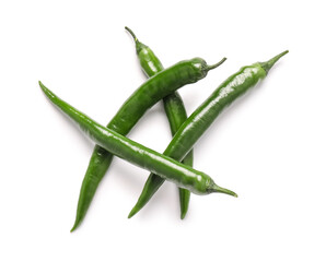 Green chili peppers on white background