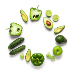 Frame made of fresh green vegetables on white background