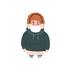 Teenager boy in headphones and medical mask, flat vector illustration isolated.