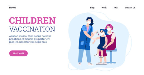 Website template with doctor vaccinates a child, cartoon vector illustration.