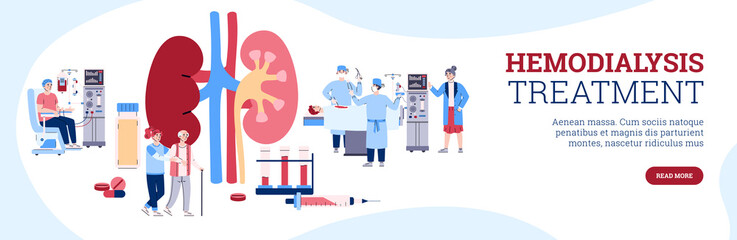 Hemodialysis or kidney dialysis procedure cartoon vector illustration.