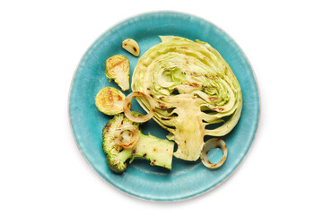 Plate with tasty grilled vegetables on white background