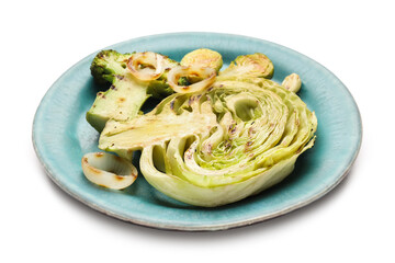 Plate with tasty grilled vegetables on white background