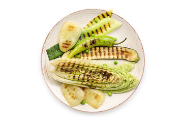 Plate with tasty grilled vegetables on white background