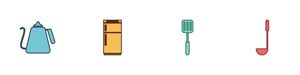 Set Kettle with handle, Refrigerator, Spatula and Kitchen ladle icon. Vector