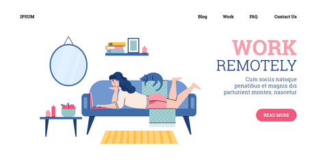 Female character freelancer remotely work on laptop computer stay at home.