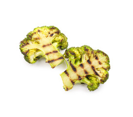 Tasty grilled broccoli on white background