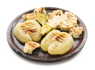 Plate with tasty grilled vegetables on white background
