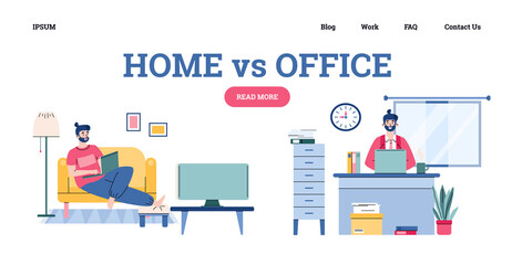 Working in office against work from home banner, cartoon vector illustration.