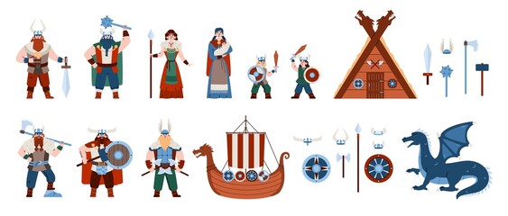 Viking fairy tales characters and items set, flat vector illustration isolated.